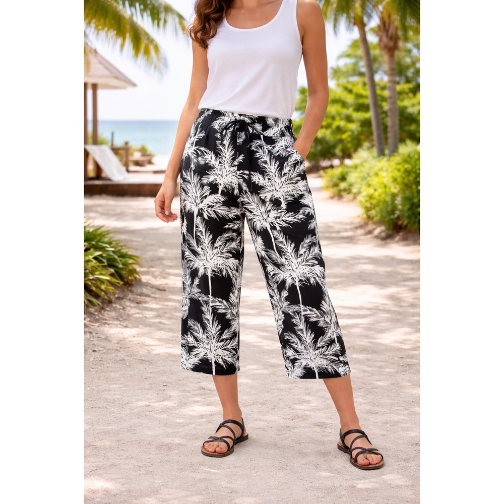 Belle Beach Kim Gravel Palm Tree Print Crop Pants Black White Tassel MP Petite